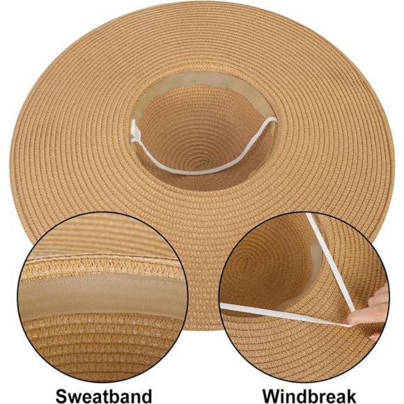Womens Sun Hat UV Protection Wide Brim Beach Hat Floppy Foldable Straw Hats - Picture 6 of 7